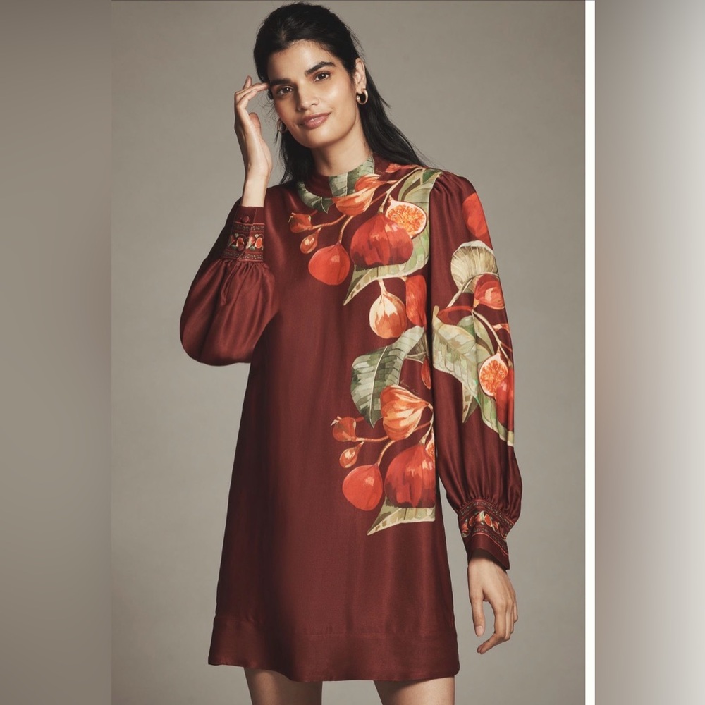 FARM Rio for Anthropologie floral burgundy shift dress.